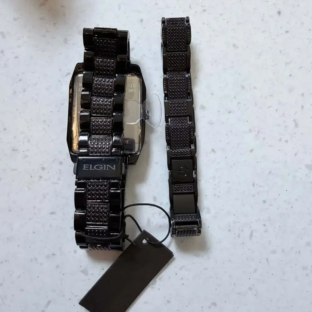 Elgin Men's Luxury Watch and Bracelet Set in Black with Pave Design